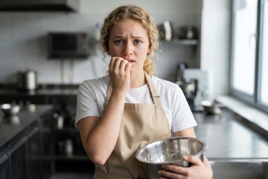 Woman in apron facing cooking failure and stress