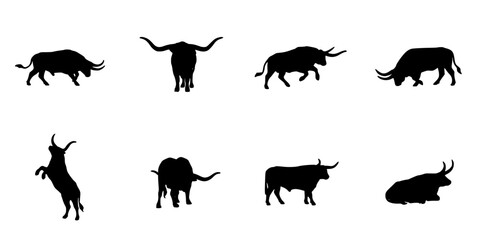 Fototapeta premium Bulls in Various Poses and Stances, Black Silhouettes, Dynamic and Static Positions, Detailed Outlines