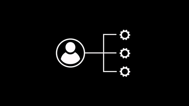 Animated gear with project manager icon on black background. Stakeholders management icon concept. Man people and gear icon. Motion graphics of setting concept with alpha channel