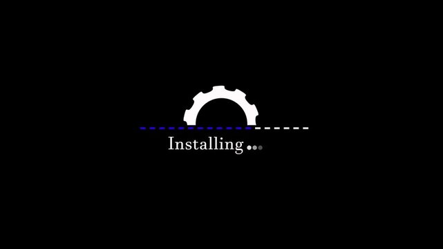 Installing gear icon with dot line animation on black background. Software setup progress indicator. Progress loading animation with gear wheel for software installing and system program execution