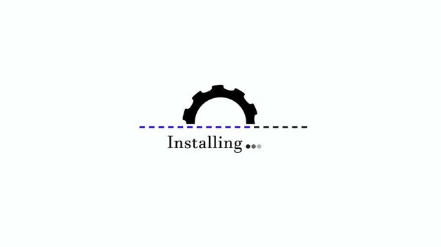 Installing gear icon with dot line animation on white background. Software setup progress indicator. Progress loading animation with gear wheel for software installing and system program execution