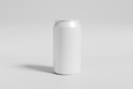 Aluminum beverage can mockup with blank white soda can template, minimalist tin container for juice or beer branding presentation, realistic 3d render on gray background