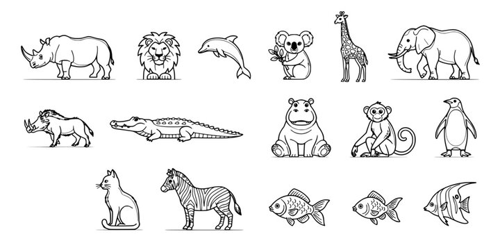 Animals Line Drawing Set Featuring Rhinoceros, Lions, Panda, Giraffe, Dogs, Zebras, Fish, and Crocodile in Monochrome