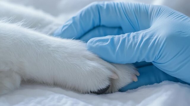 A gloved hand provides gentle support to a dog's paw. The scene is clean and sterile, suggesting a veterinary setting, conveying compassion and professional care for animal welfare.