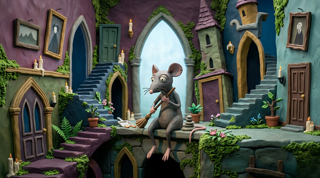 Stop motion character of a grey mouse holding a broom in an eerie fantasy setting
