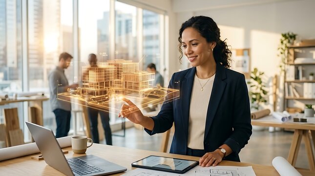 Architect interacting with 3D building hologram in modern office.