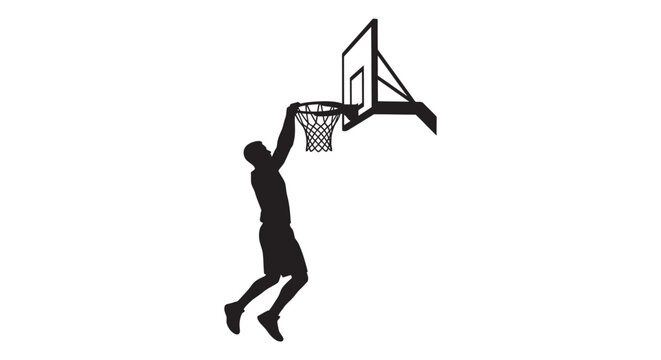 Basketball player silhouette dunking on a hoop with a white background