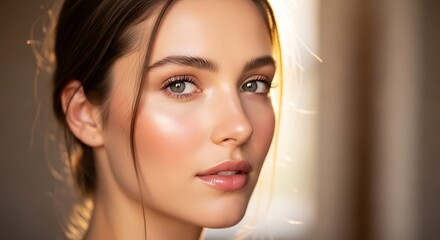 Naklejka premium Young woman portrait with soft lighting and glowing skin
