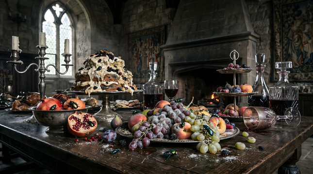 Opulent gothic vanitas still life banquet featuring decaying fruit, a melting tiered cake, and beetles on a wooden table in a medieval hall