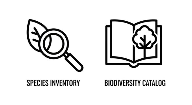 Line art icons representing species inventory and biodiversity catalog for scientific research and environmental documentation with research biodiversity inventory environment magnifying