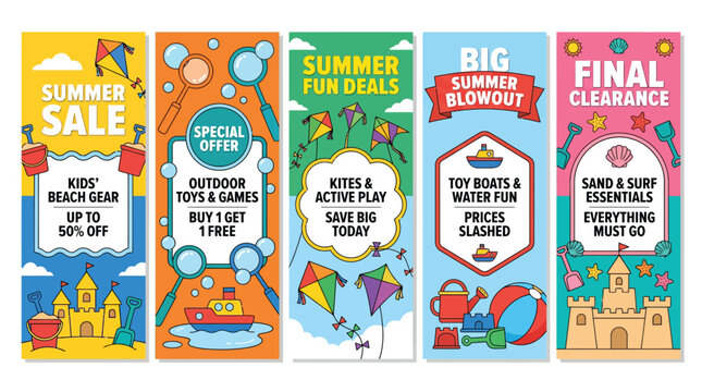 A set of five colorful vector graphics promoting summer sales on beach gear, outdoor toys, and kites with sandcastles and boats.