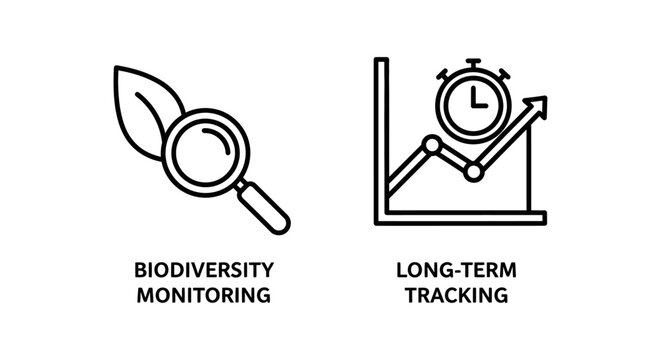 Biodiversity monitoring and long-term tracking icon set with biodiversity monitoring tracking research environment analysis magnifying measurement investigation conservation