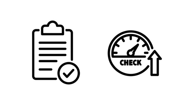 Clipboard task completion and performance meter linear icon set with check list clipboard completion performance assessment evaluation verified validation business management