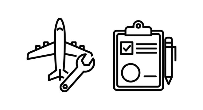 Aircraft maintenance service and checklist report icons with aircraft maintenance checklist airplane inspection aviation technical document approved clipboard mechanical transport