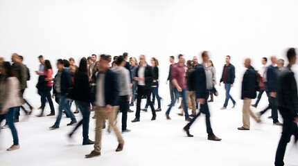 Obraz premium Blurred crowd of people walking on a white background