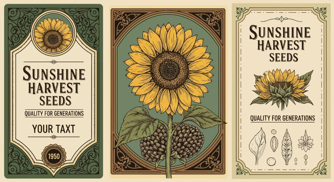 Vintage Sunflower Seed Packets - Retro Botanical Illustration