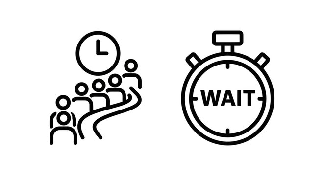 Queue management and waiting time outline icons set with stopwatch customer management duration business efficiency operation workflow schedule measurement attention patience