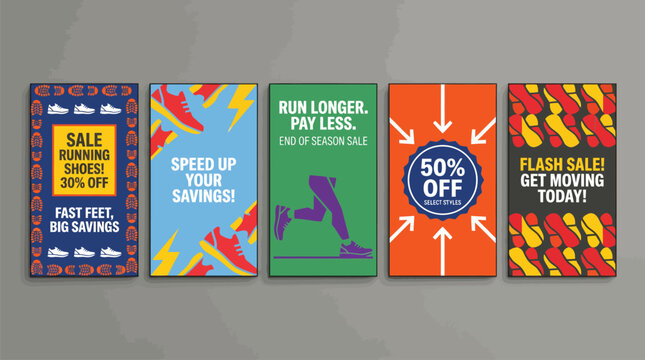 Collection of five vibrant posters advertising running shoe sales and discounts