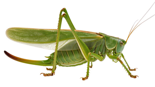 Green katydid insect with long antennae and wings