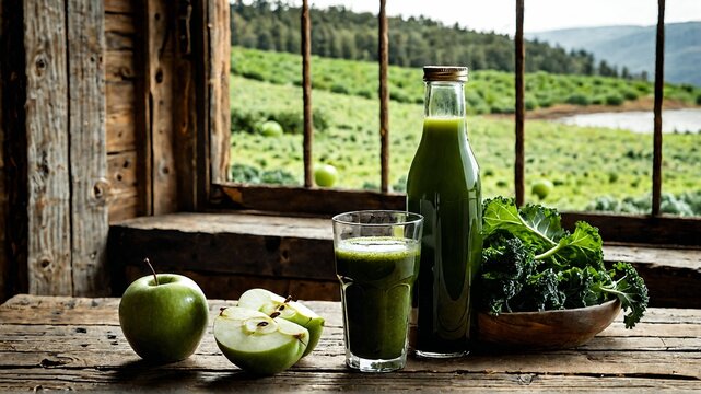 Fresh green juice and apples on rustic window sill

