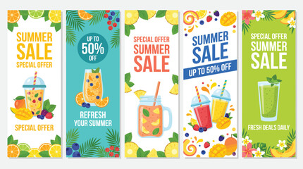 Fototapeta premium Summer sale banners with refreshing fruit drinks and tropical fruit accents