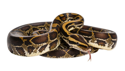 Fototapeta premium Python snake coiled with patterned scales and forked tongue