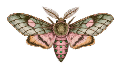 Fuzzy pink and green moth with patterned wings © Alaric