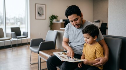 Fototapeta premium Latino father reading a book to his young son in a clinic waiting room.