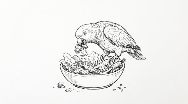 Parrot eating fresh vegetables in a bowl hand drawn illustration for avian nutrition and pet care concept isolated on white background with copy space