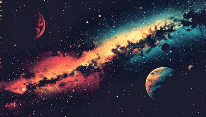 Fototapeta premium Vintage stippled background of deep space with stars and planets. Milky way, galaxy, nebula in abstract experimental pointillism style. Vector illustration in retro grainy grunge texture 