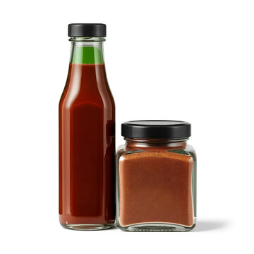 Tall dark jungle green glass sauce bottle and square spice jar with black lids isolated on white background, unbranded kitchen packaging product mockup