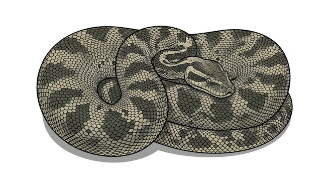 Detailed vector illustration of a coiled python snake featuring intricate scale patterns and muted earthy tones for professional design projects