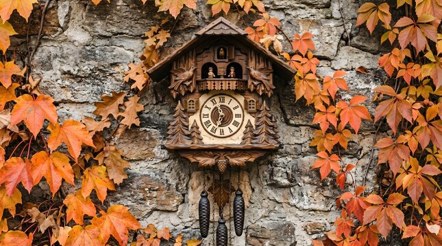 Vintage wooden cuckoo clock on stone wall, traditional hand-carved German clock with autumn leaves, rustic antique timepiece in fall garden