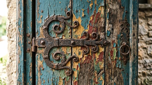 Vintage rustic wooden door with ornate iron hinge, weathered blue peeling paint on antique timber, medieval style hardware on aged exterior entrance