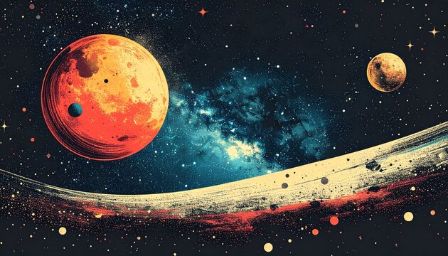 Vintage stippled background of deep space with stars and planets. Milky way, galaxy, nebula in abstract experimental pointillism style. Vector illustration in retro grainy grunge texture 