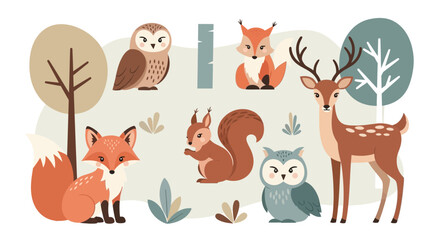 Fototapeta premium Cute vector illustration featuring a collection of adorable forest animals including a deer fox squirrel and owls in nature