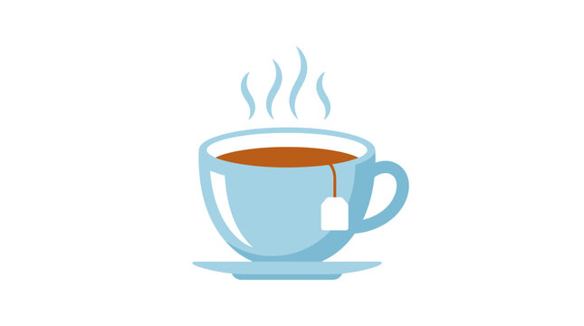 Steaming tea cup, hot beverage icon, blue mug, tea time symbol