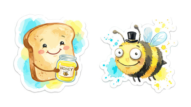 Happy bread toast and bee watercolor sticker duo