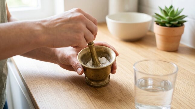 Hands crushing white medication pills into powder using a brass mortar and pestle on a wooden kitchen table with a glass of water nearby, natural healing.