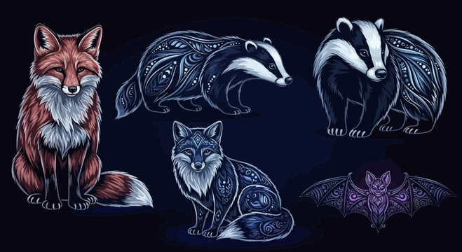 Detailed vector graphic illustration showcasing stylized forest animals including a fox a badger and a bat with intricate decorative patterns