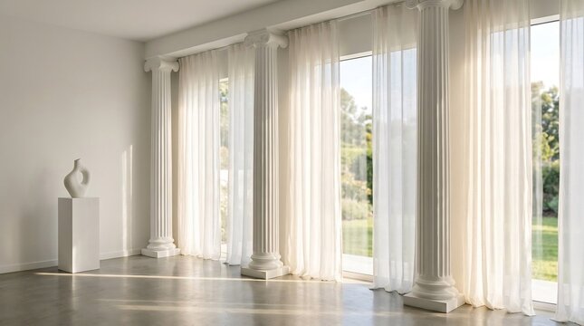 A serene room with white columns and sheer curtains by large windows