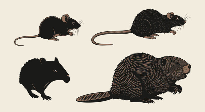 Set of Rodents: Mouse, Rat, Pouch Rat, Beaver