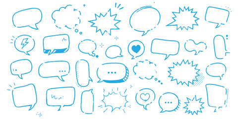 Obraz premium Grunge comic speech bubbles with handwritten text, brush strokes, ink smudges, acrylic stains or charcoal streaks. Hand drawn retro cartoon stickers. Chatting, message box. Vector illustration. 