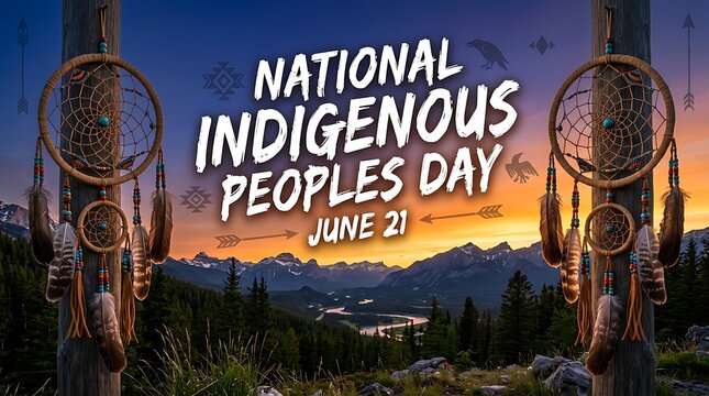 Vibrant national indigenous peoples day celebration with dreamcatchers and scenic mountain landscape at sunset