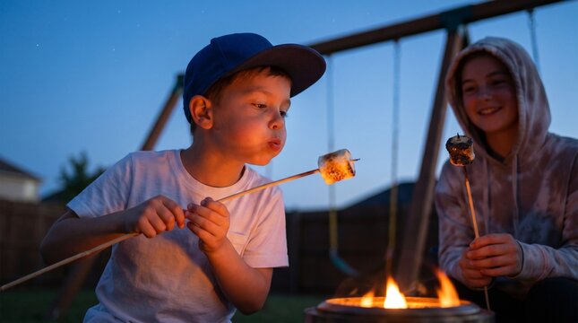 Two happy children roasting marshmallows over a campfire at night in a backyard with a swing set, family camping fun, childhood joy, outdoor evening activity.