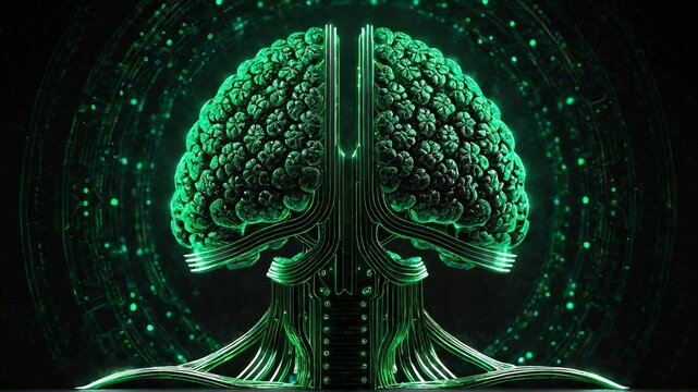Neural network brain visualization in green glow
