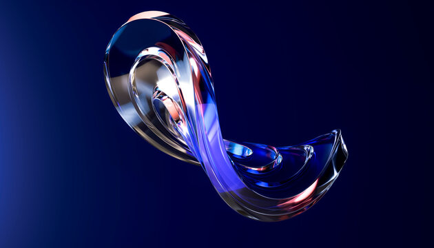 Sculptural 3D glass loop glowing across a dark blue field.