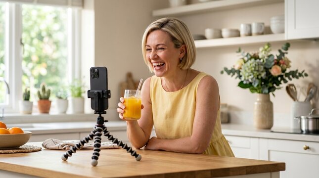 A laughing blonde woman vlogging with a smartphone on a tripod while holding a glass of orange juice in a modern bright kitchen, content creation, joyful lifestyle, home vlog.