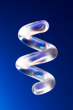 Transparent 3D glass helix floating over a deep blue background.