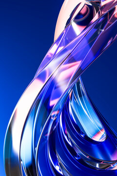 Dynamic 3D crystal ribbon crossing a deep blue background